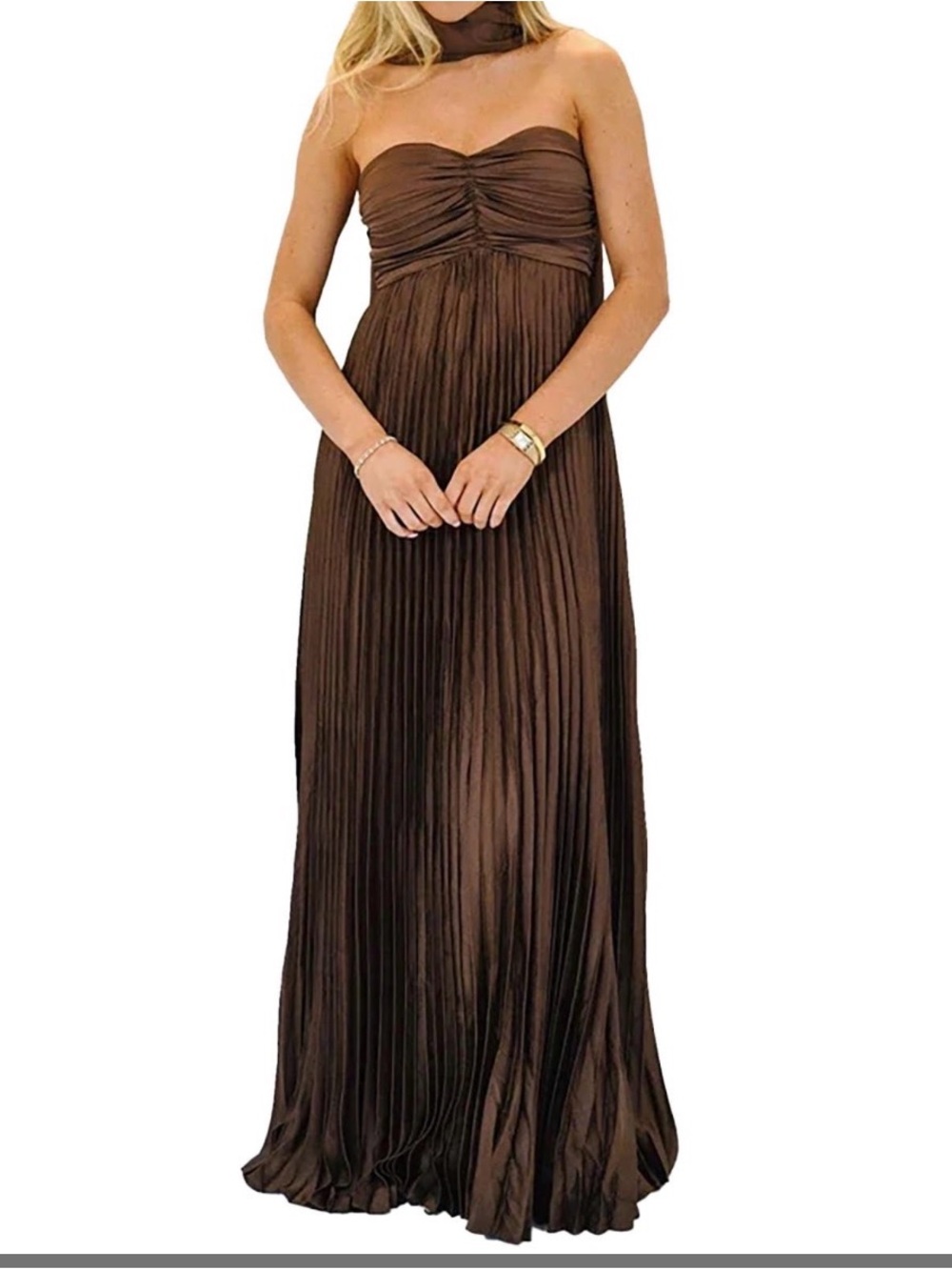 Strapless Pleated Maxi Dress in Dark Brown